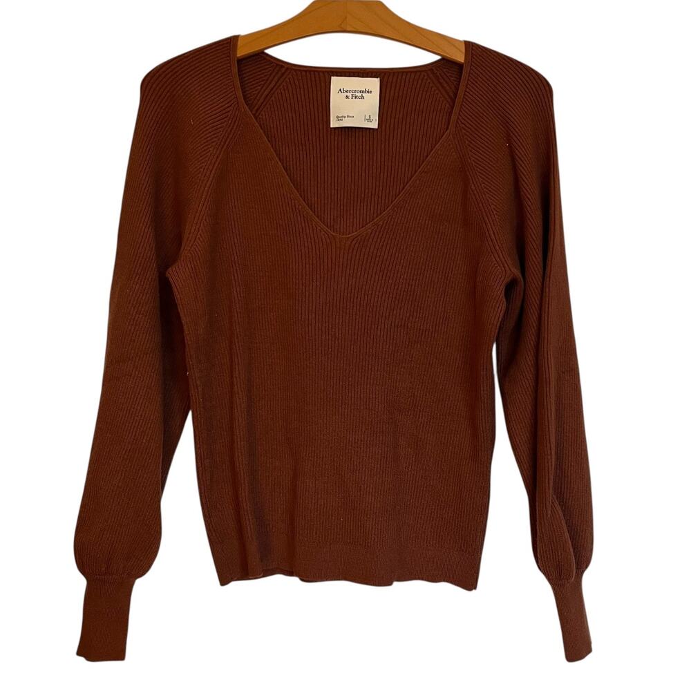 Abercrombie & Fitch Ribbed Knit V-Neck Sweater Chocolate Brown Puff Sleeve Small